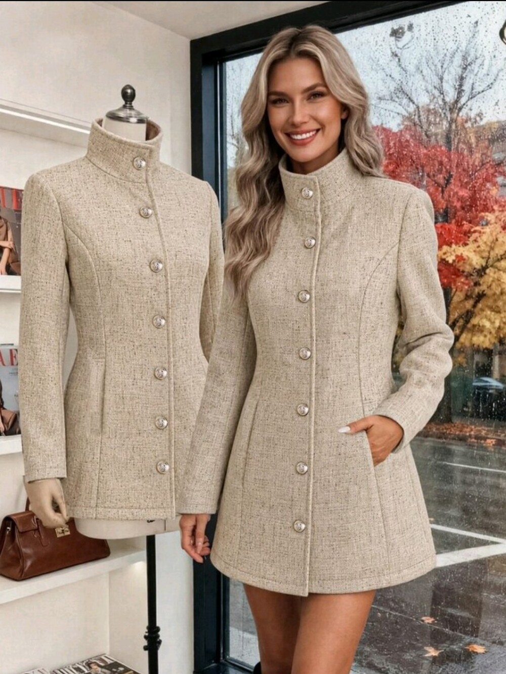 Vintage Commuter Date Stand Collar Single-Breasted Waist-Cinching Tweed Re